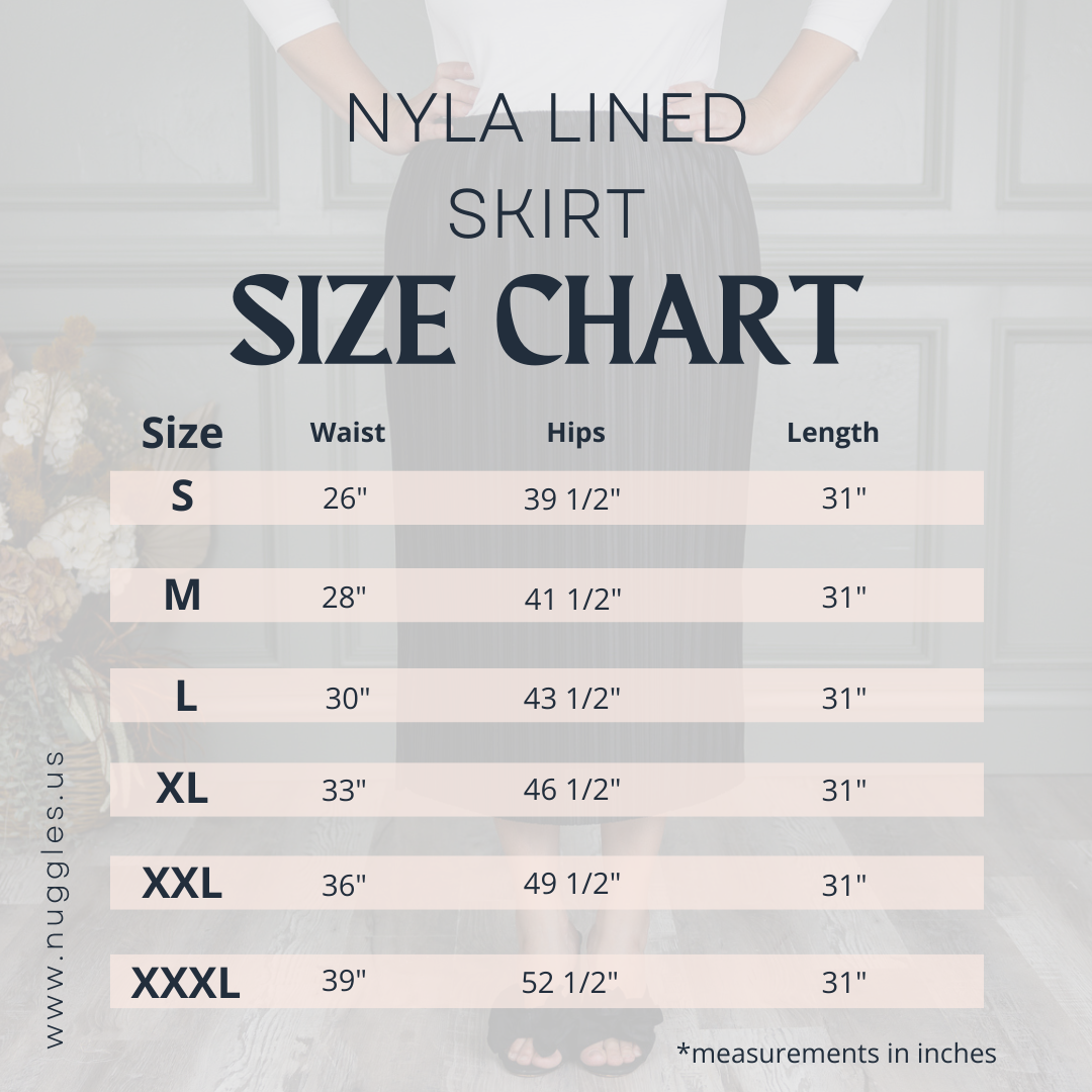 Detailed sizing guide for the Nuggles® Nyla Lined Skirt, a modest everyday lined skirt, showing waist, hip, and length measurements.