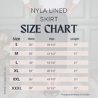 Detailed sizing guide for the Nuggles® Nyla Lined Skirt, a modest everyday lined skirt, showing waist, hip, and length measurements.