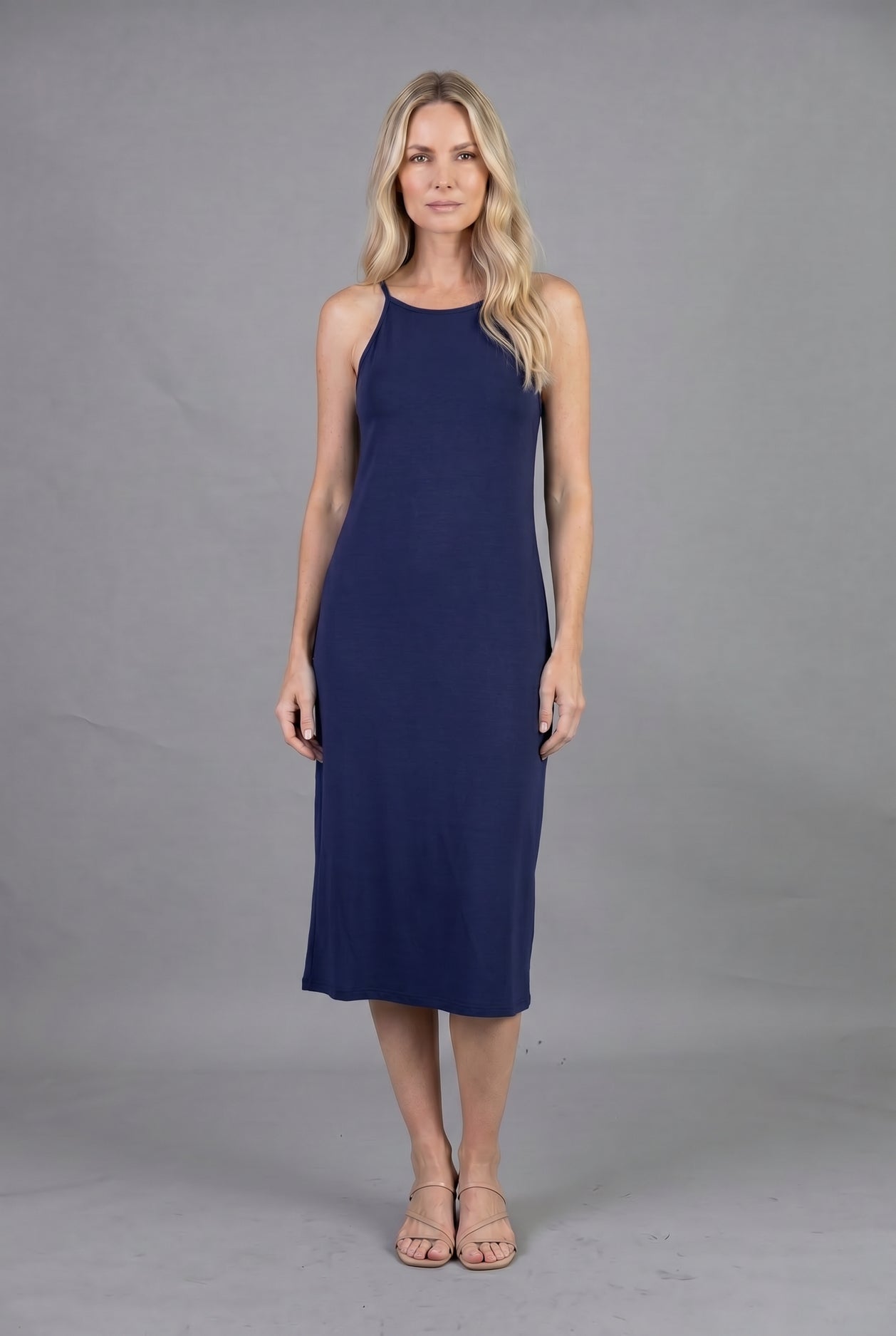 Nuggles Layering Camisole Dress in Navy, sleeveless midi slip dress for modest layering coverage