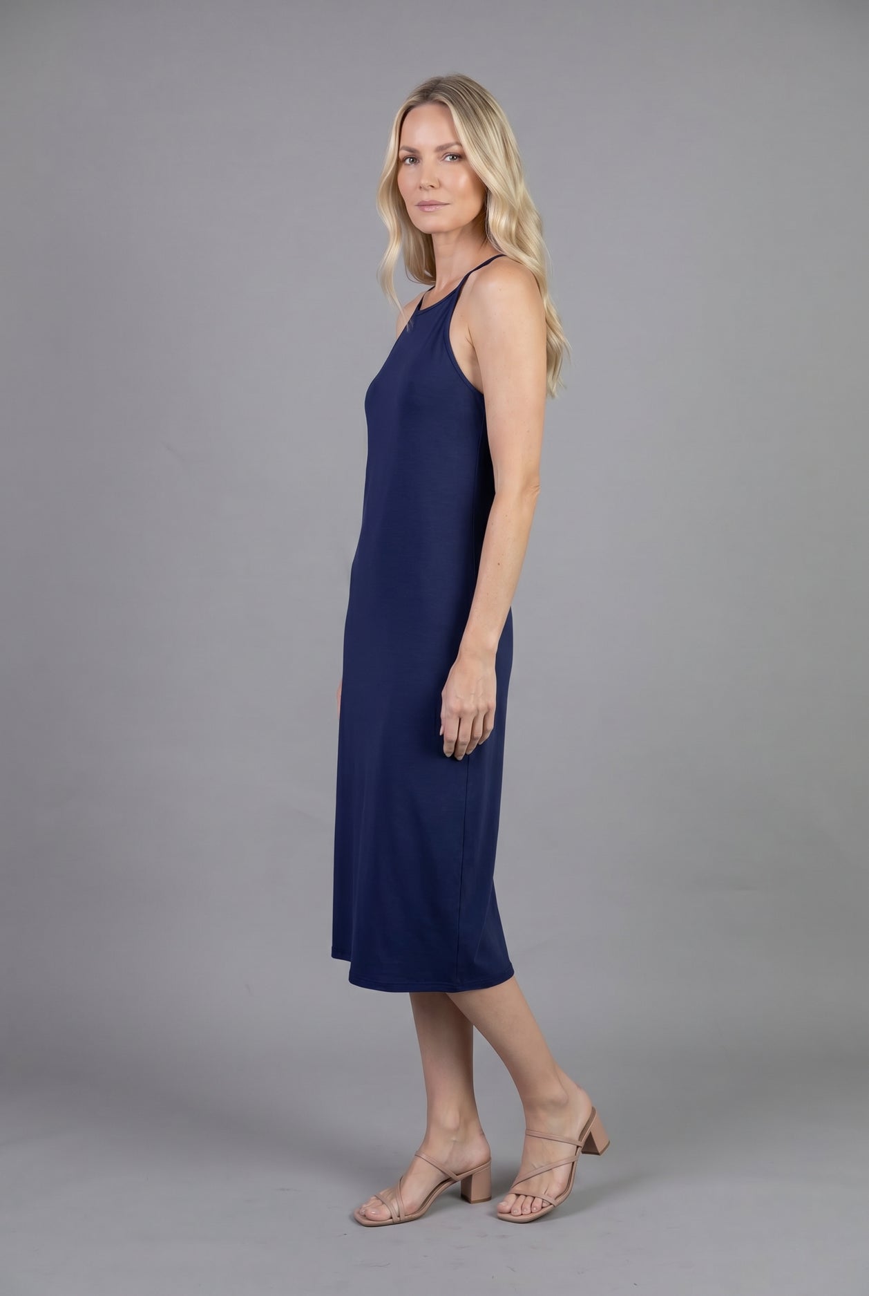 Navy Camisole Layering Dress by Nuggles, maternity-friendly sleeveless midi slip for modest coverage