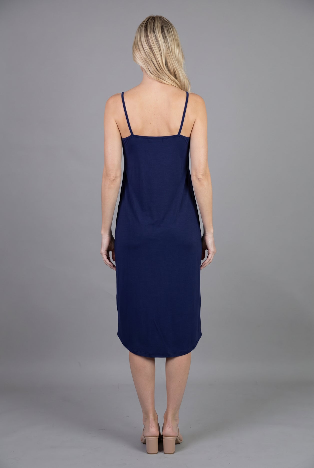 Navy Layering Camisole Dress by Nuggles, modest sleeveless cotton slip midi worn under dresses and tops