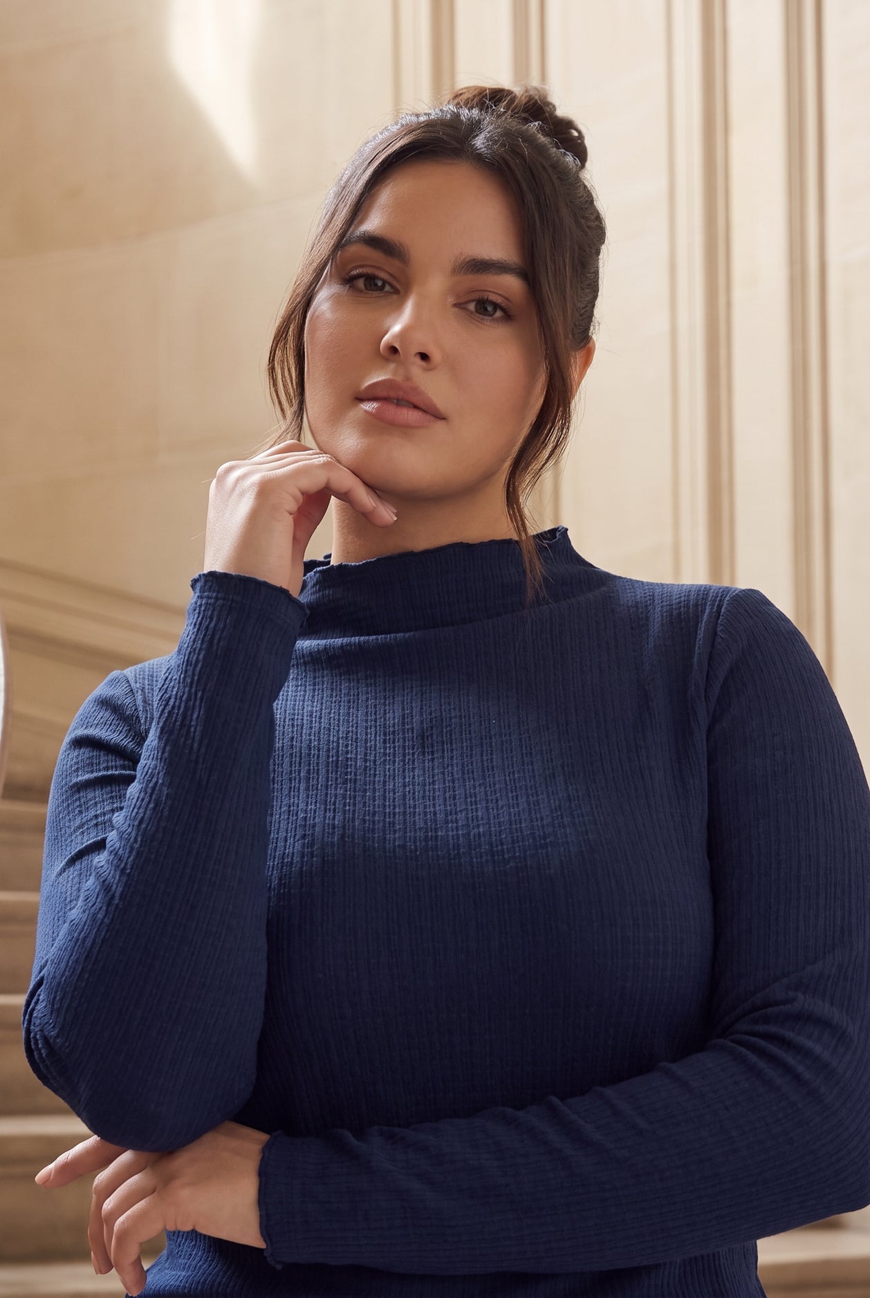 Model wearing Nuggles®  Magnolia Top in Navy
