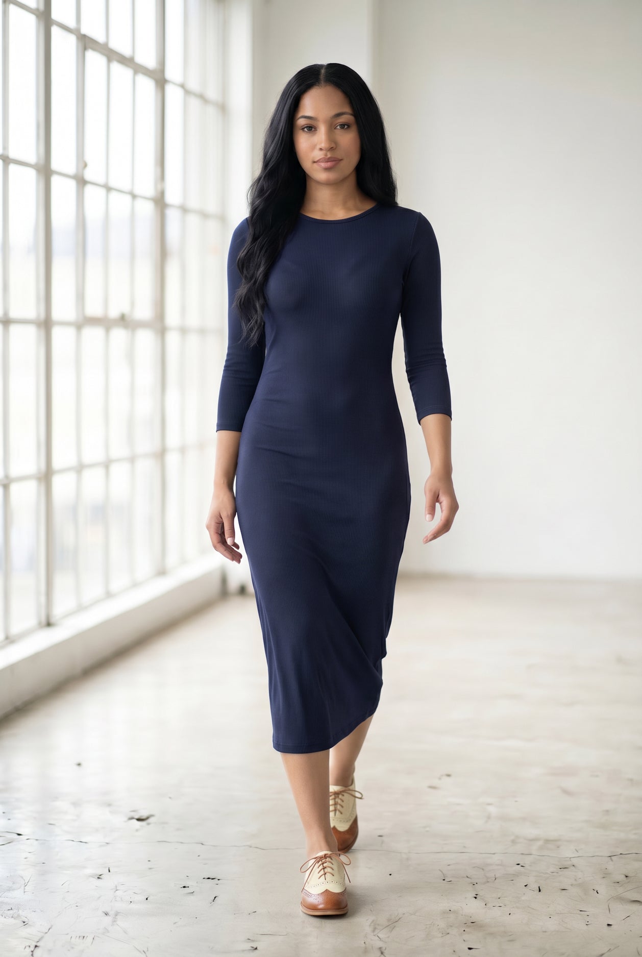 Nuggles Ribbed Midi Layering Dress in Navy