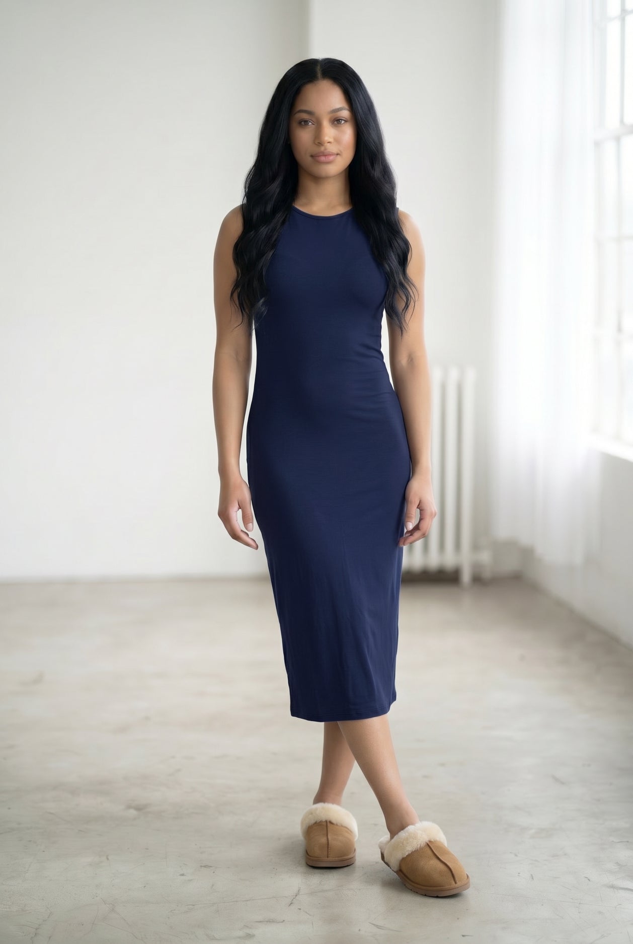 Model wearing Nuggles® Tank Midi Dress in Navy