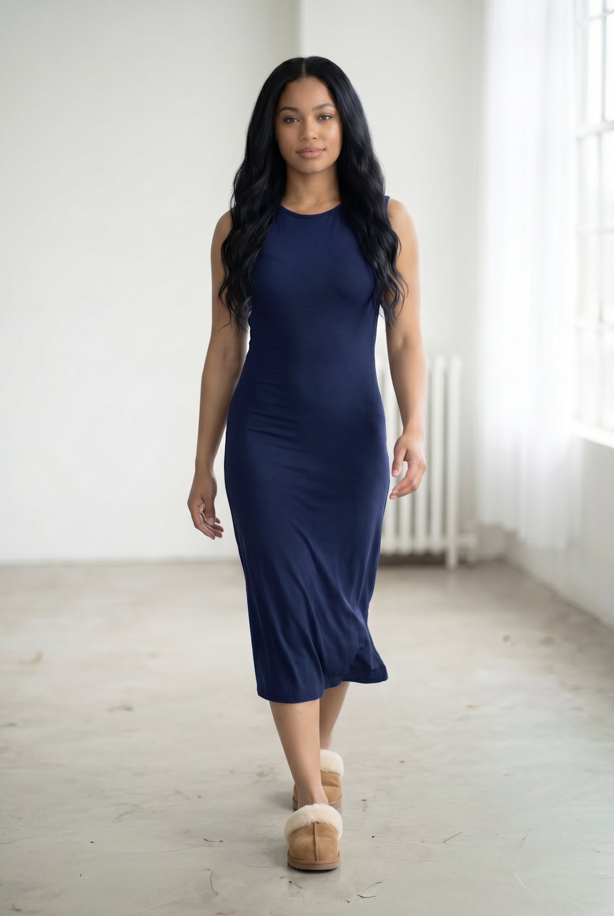 Model wearing Nuggles® Tank Midi Dress in Navy