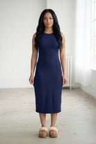 Model wearing Nuggles® Tank Midi Dress in Navy