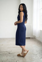 Model wearing Nuggles® Tank Midi Dress in Navy