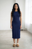 Model wearing Nuggles® Tank Midi Dress in Navy