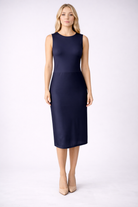 Women wearing a navy tank layering slip.