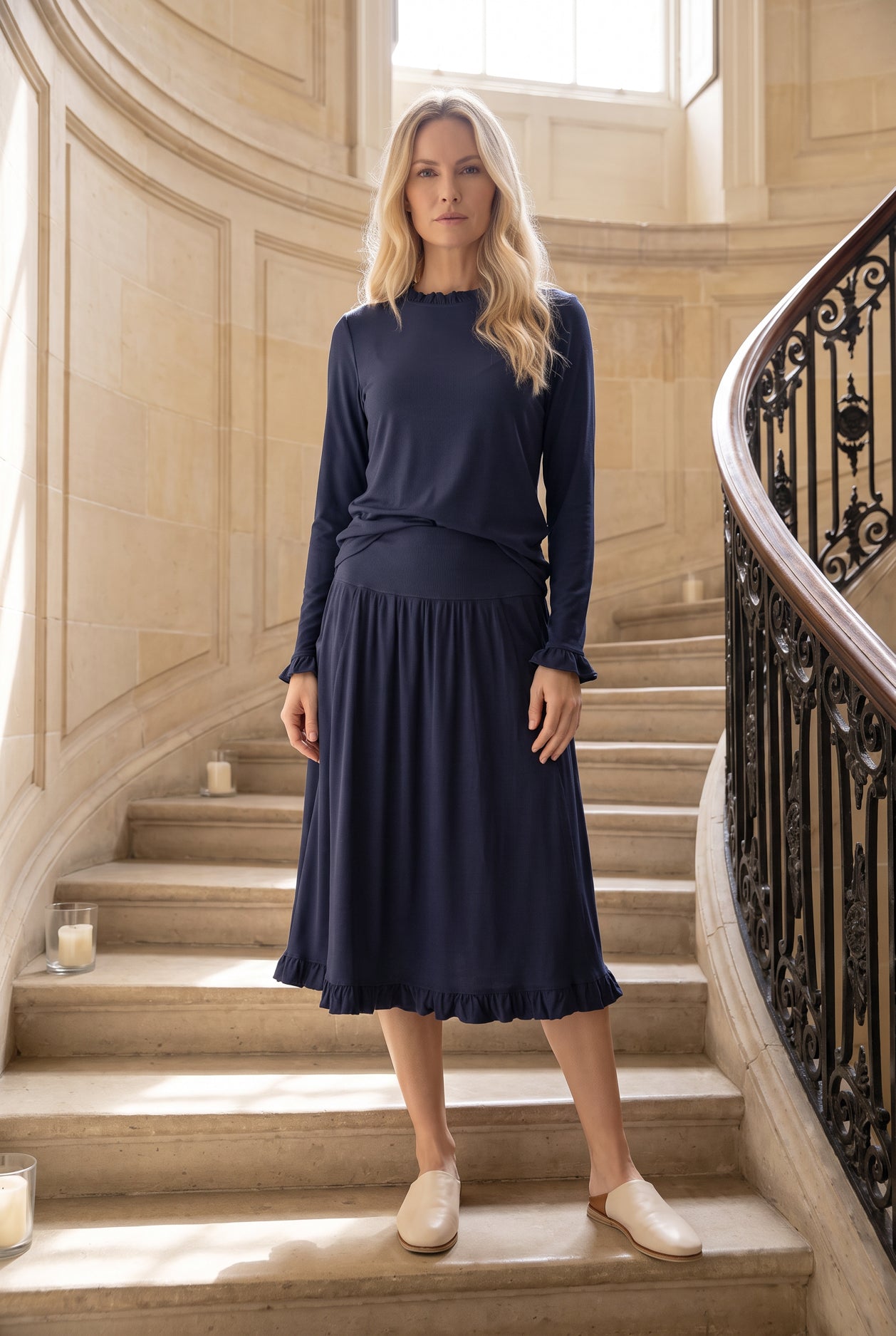 Model wearing Nuggles®  Bethany Shirt & Skirt in Navy