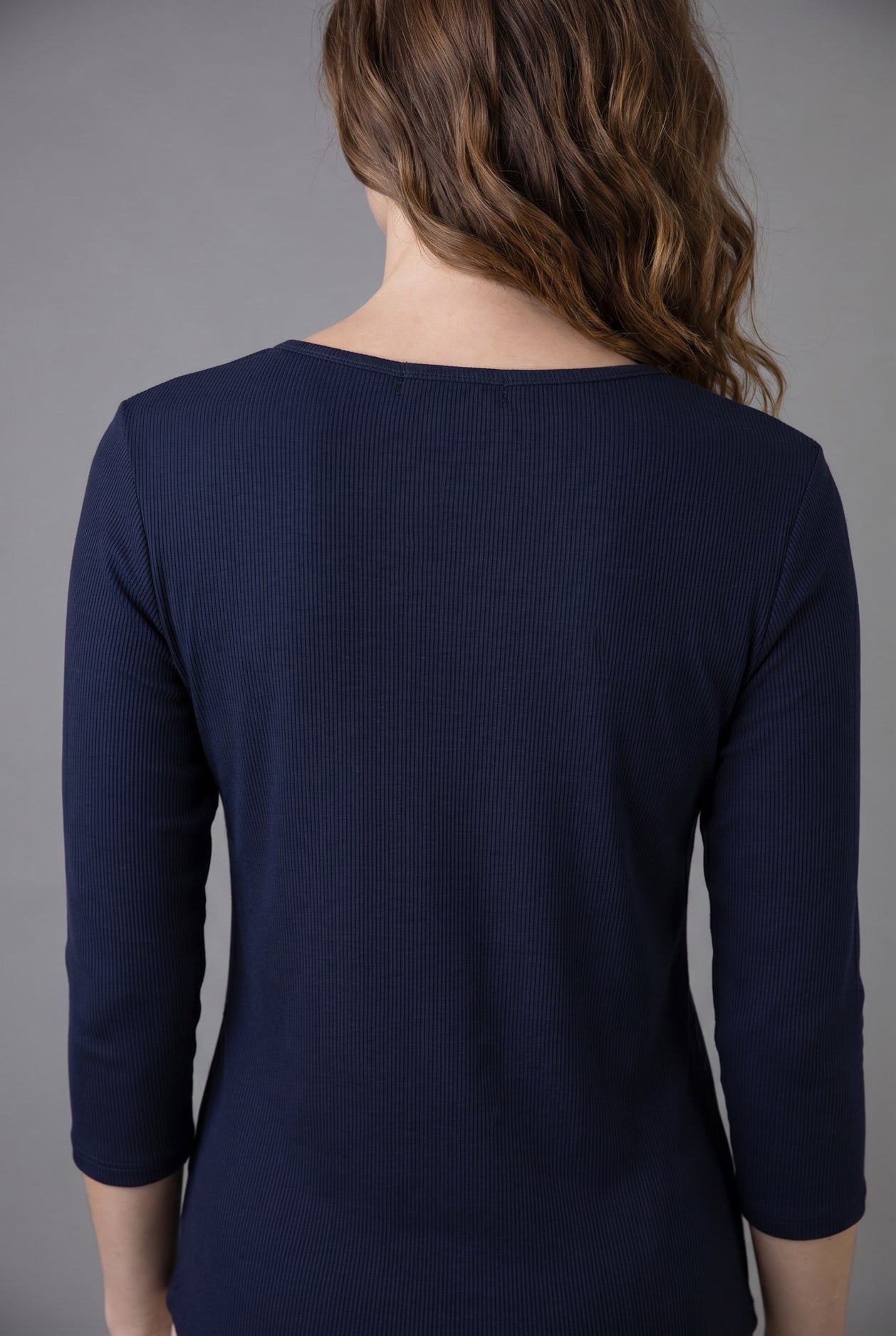 Model wearing Nuggles® 3/4 Essential Ribbed Tee in Navy