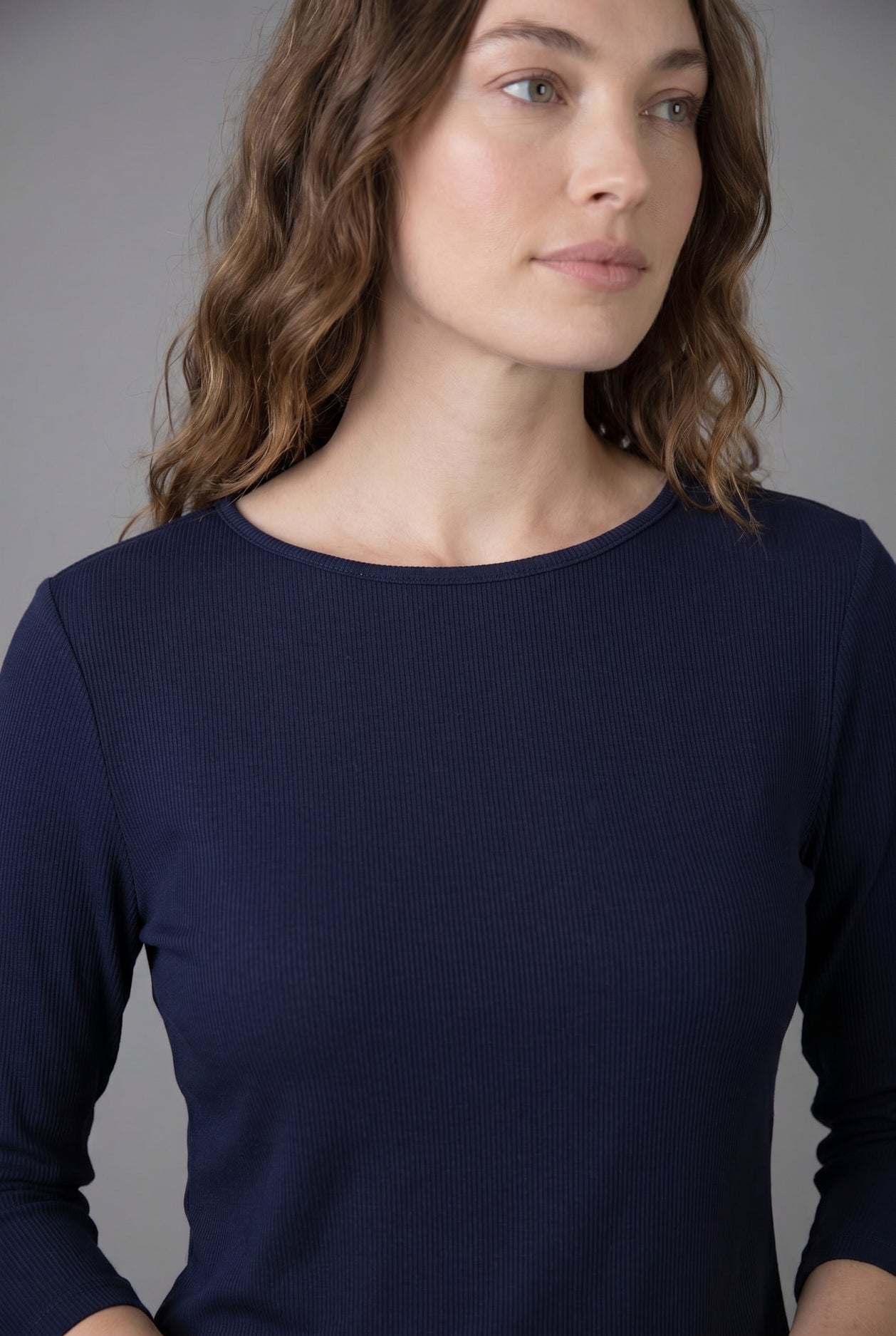Model wearing Nuggles® 3/4 Essential Ribbed Tee in Navy