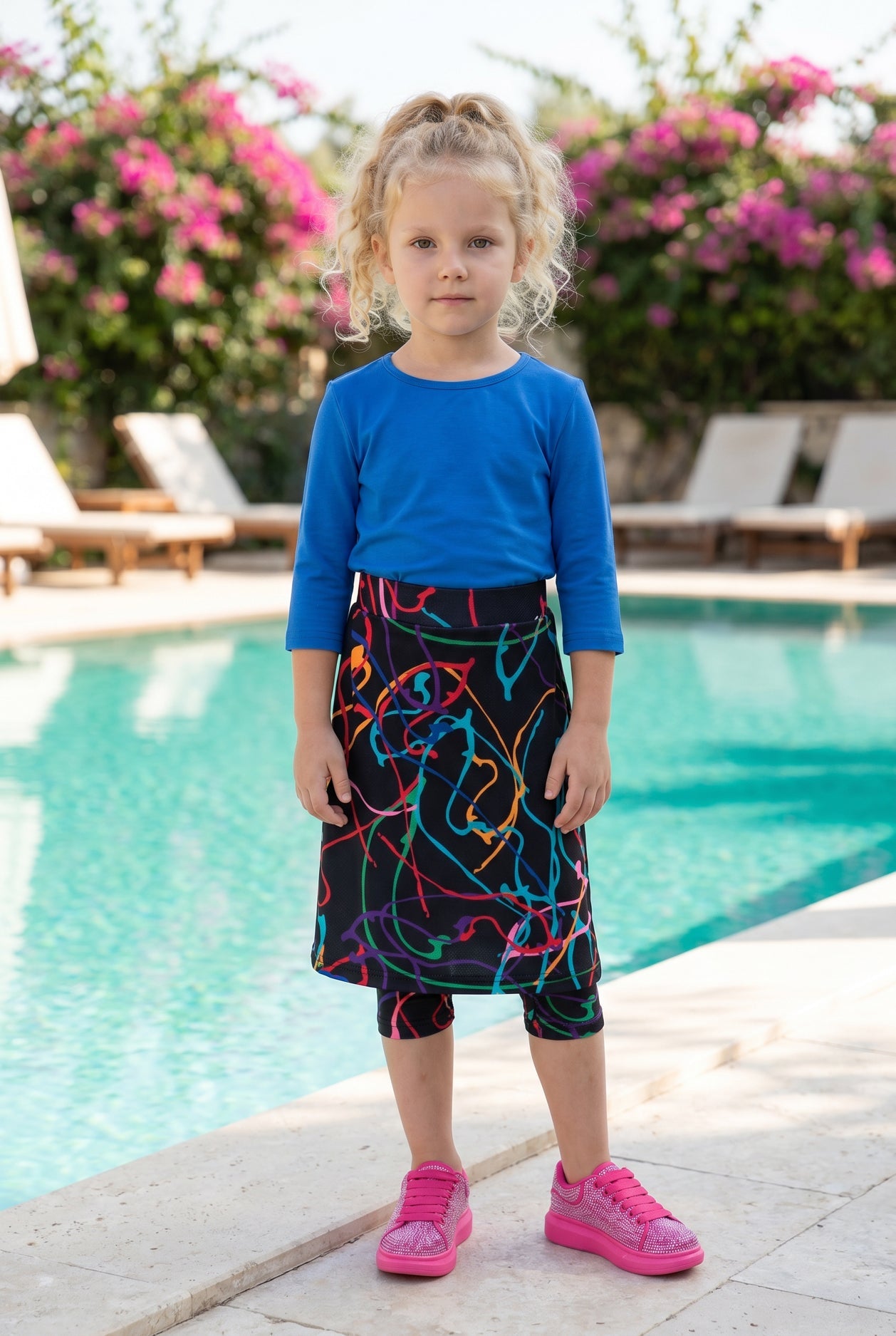 Girls' Modest All-Sport Skirt in Neon Motion with built-in capri leggings