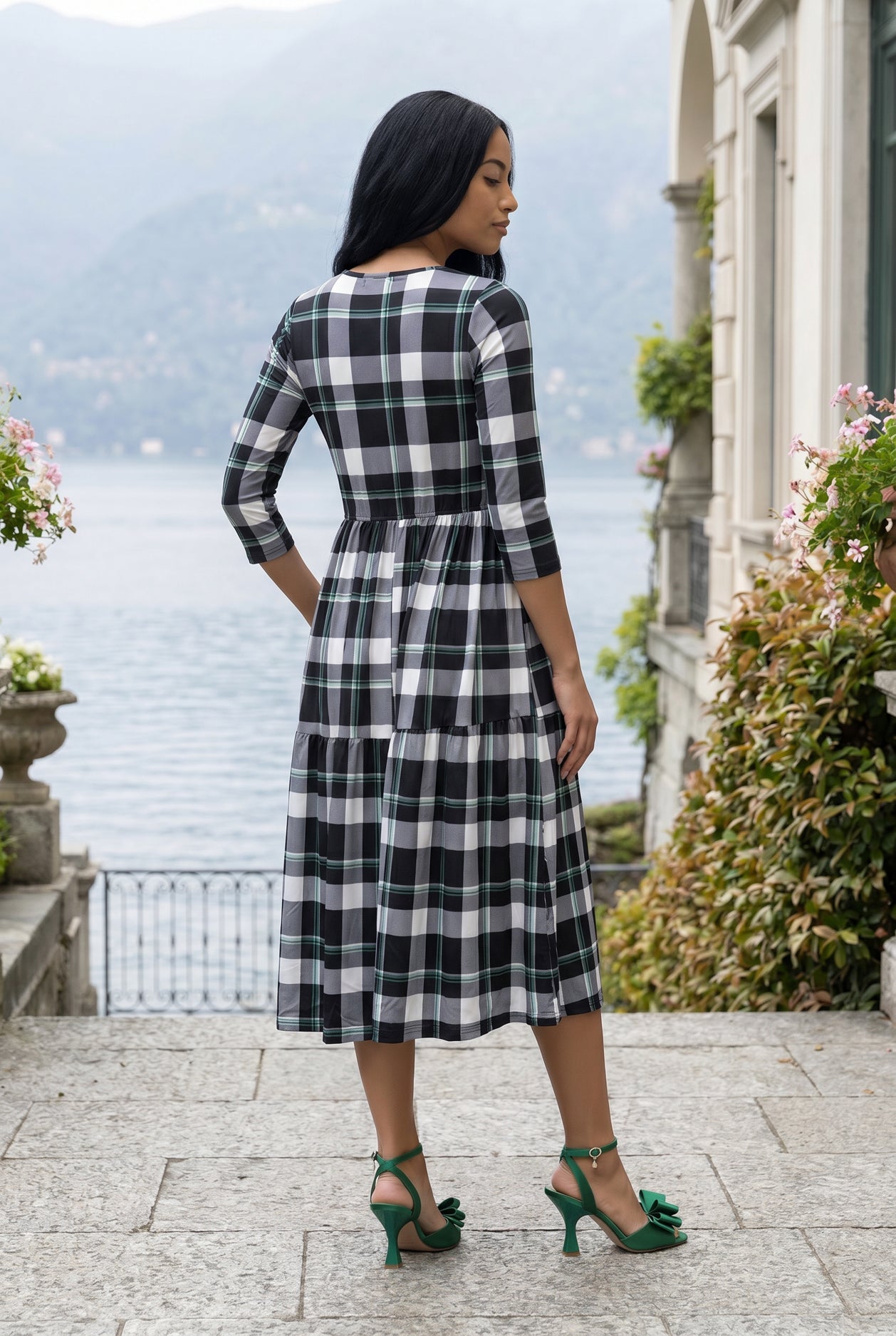 Nuggles Nova Dress in Nightfall, soft cotton modest midi in dark print for church and everyday