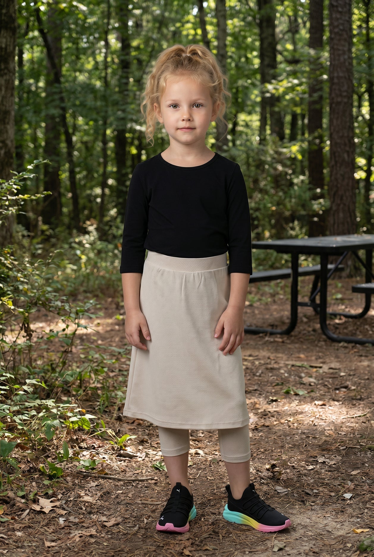 Girls' Modest All-Sport Skirt in Nude with built-in capri leggings