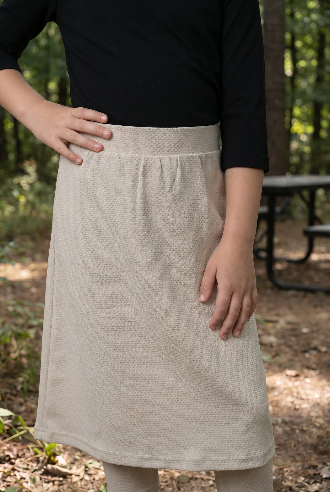 Girls' Modest All-Sport Skirt in Nude, styled (view 6)