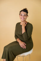 Model wearing  Nuggles® Original Style Midi Layering Dress in soft cotton knit