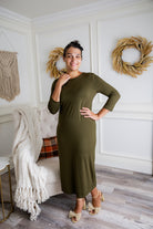 Model wearing  Nuggles® Original Style Midi Layering Dress in soft cotton knit
