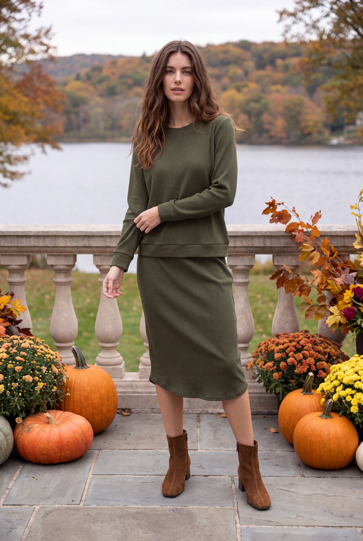 Model wearing Nuggles®  Misty Lounge Set in Olive Green