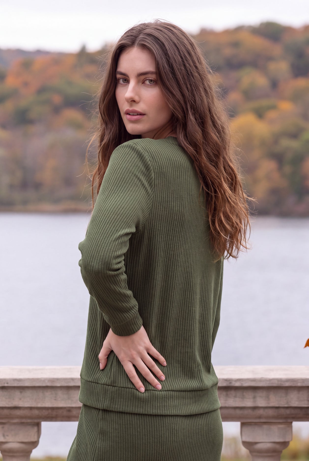 Model wearing Nuggles®  Misty Lounge Set in Olive Green