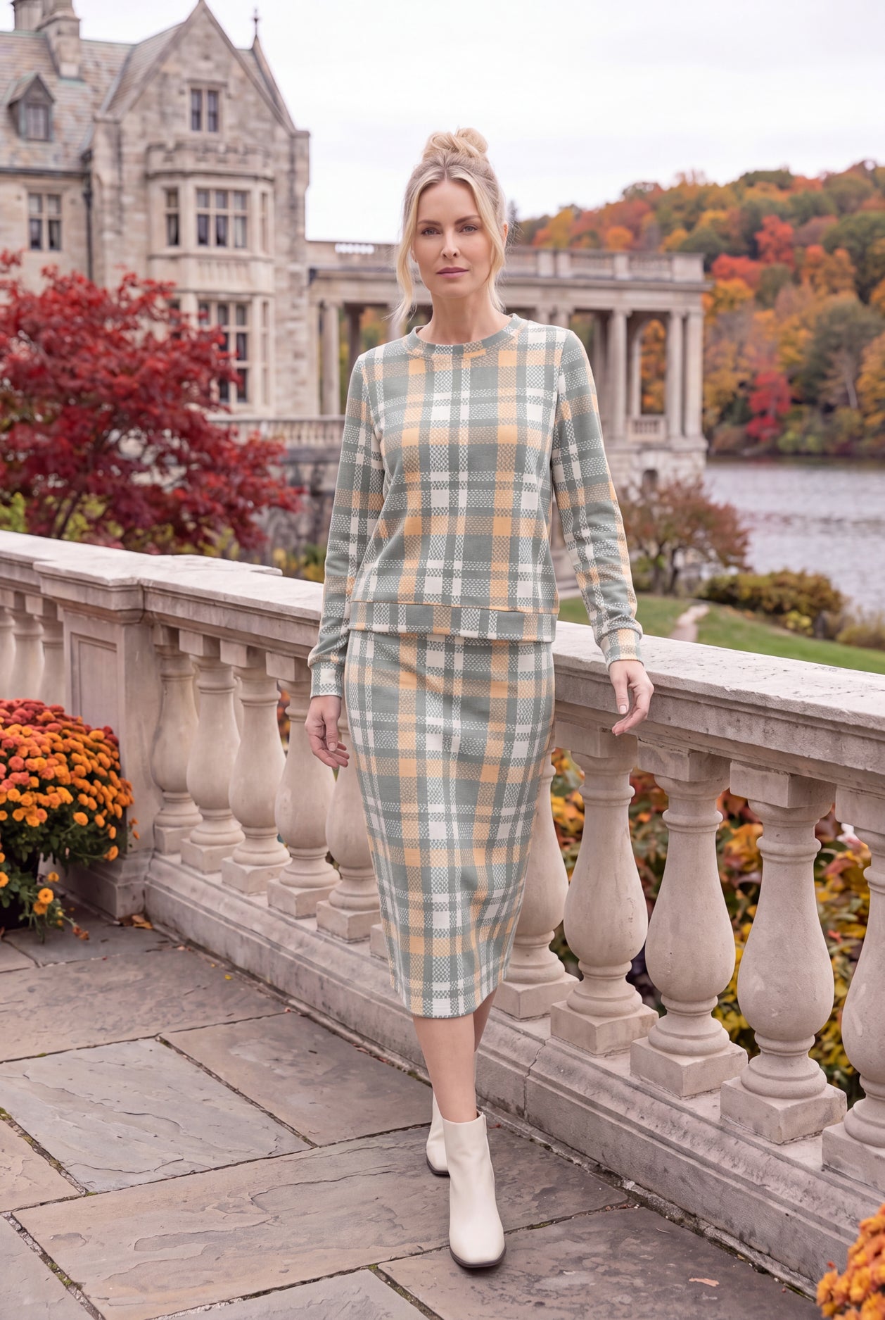 Model wearing Nuggles®  Iris Sweater Skirt in Olive Plaid

