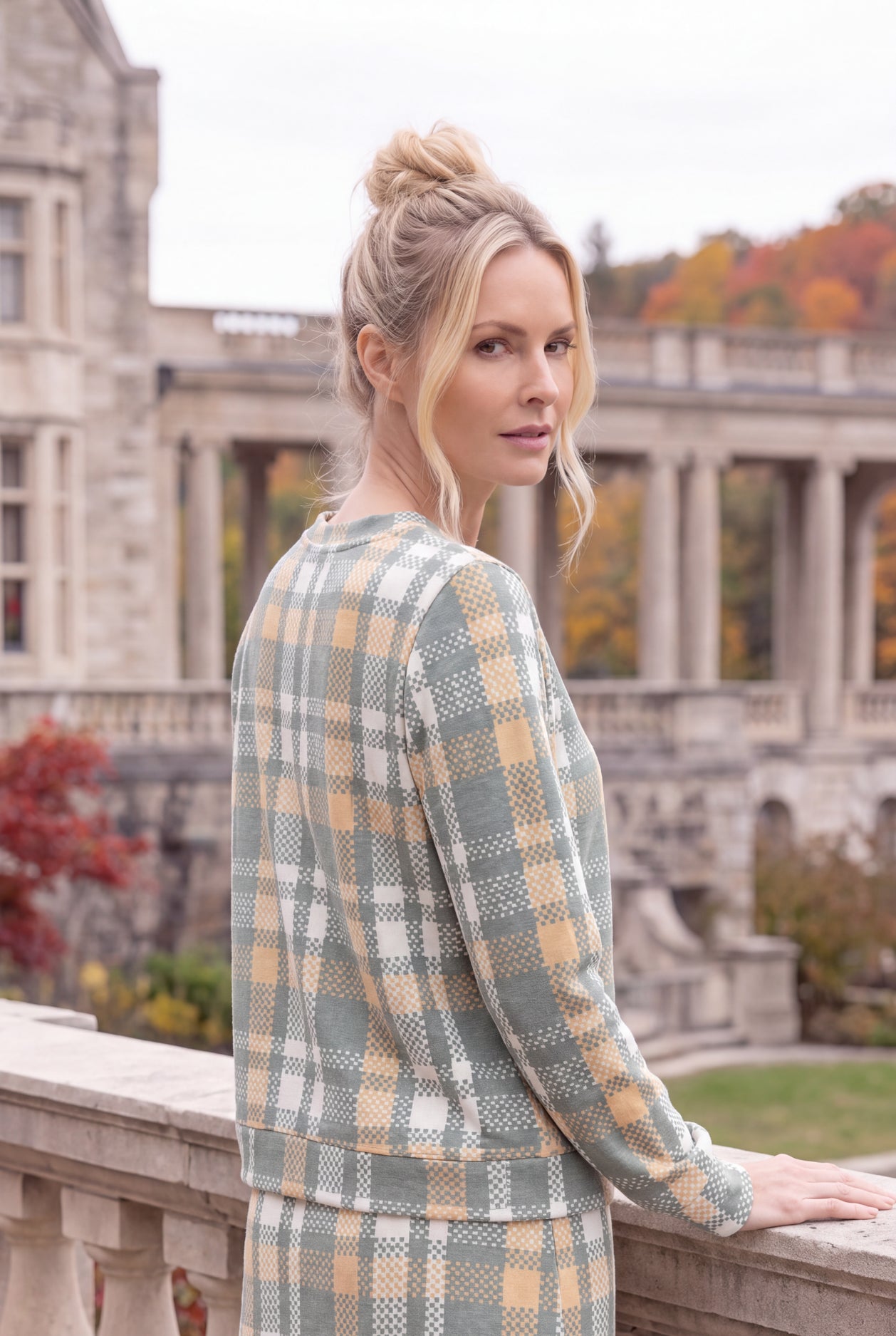 Model wearing Nuggles®  Iris Sweater Shirt in Olive Plaid