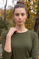 Model wearing Nuggles®  Essential 3/4 Sleeve Tee in Olive