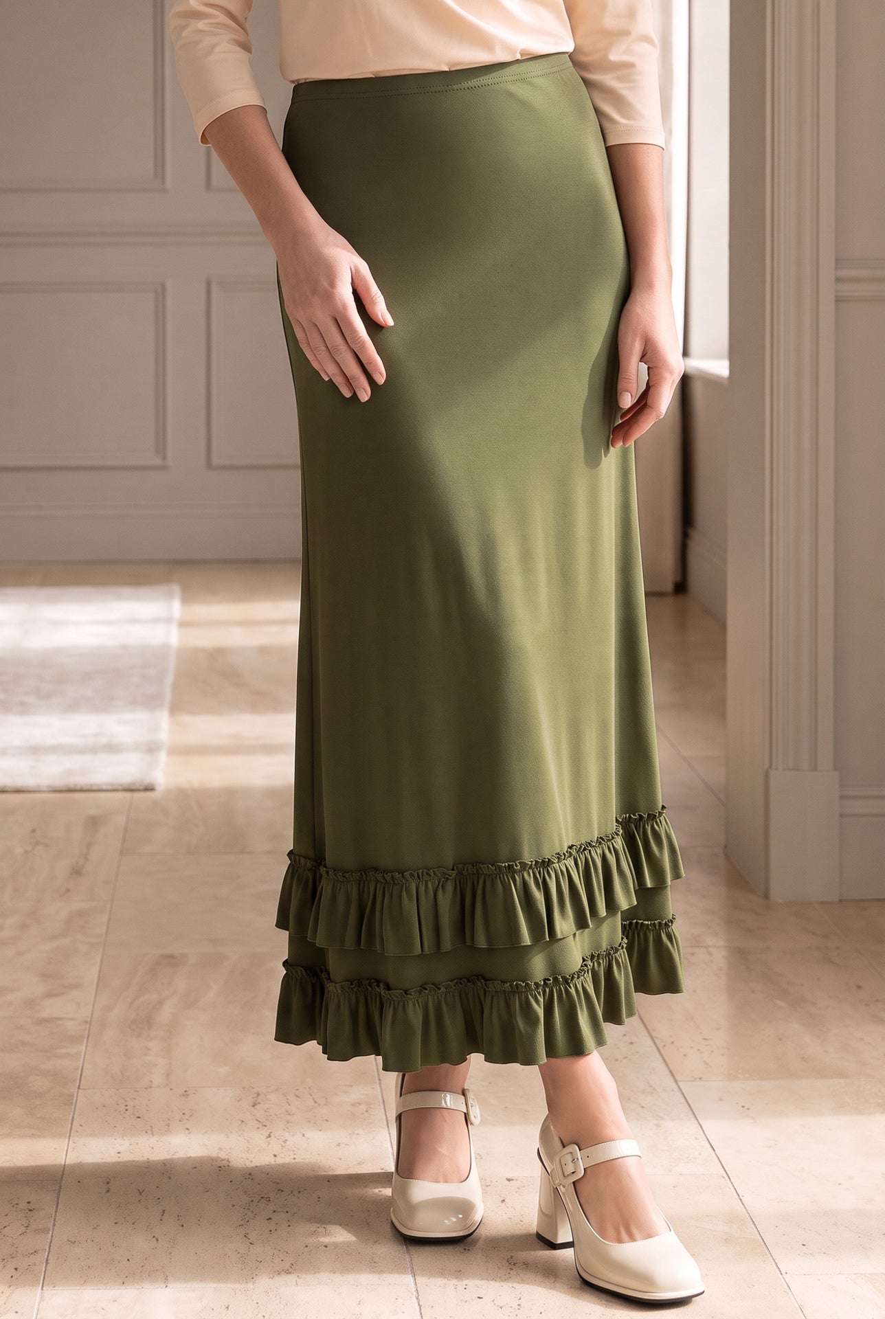 Model wearing Nuggles®  Callie Skirt in Olive