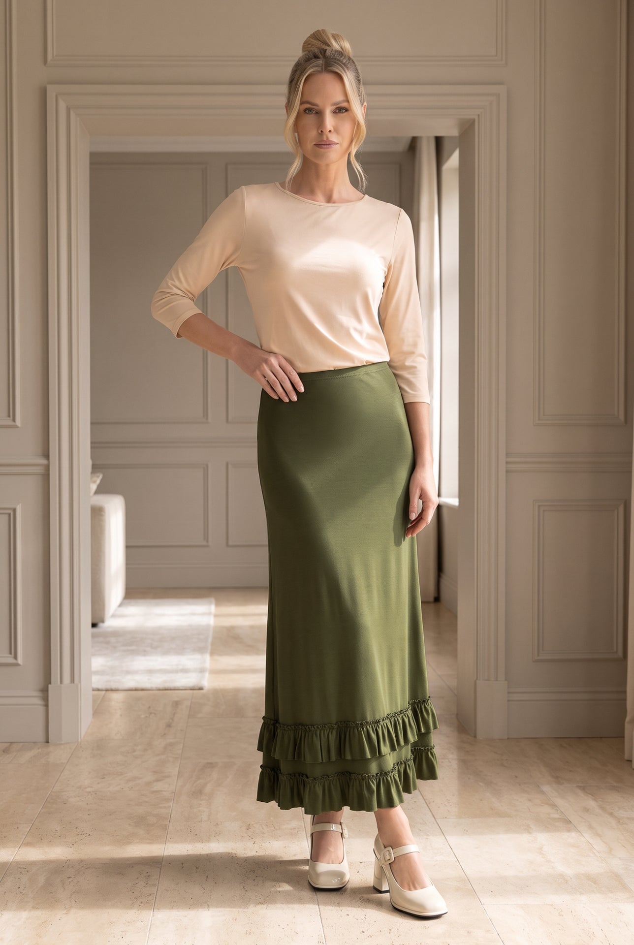 Model wearing Nuggles®  Callie Skirt in Olive