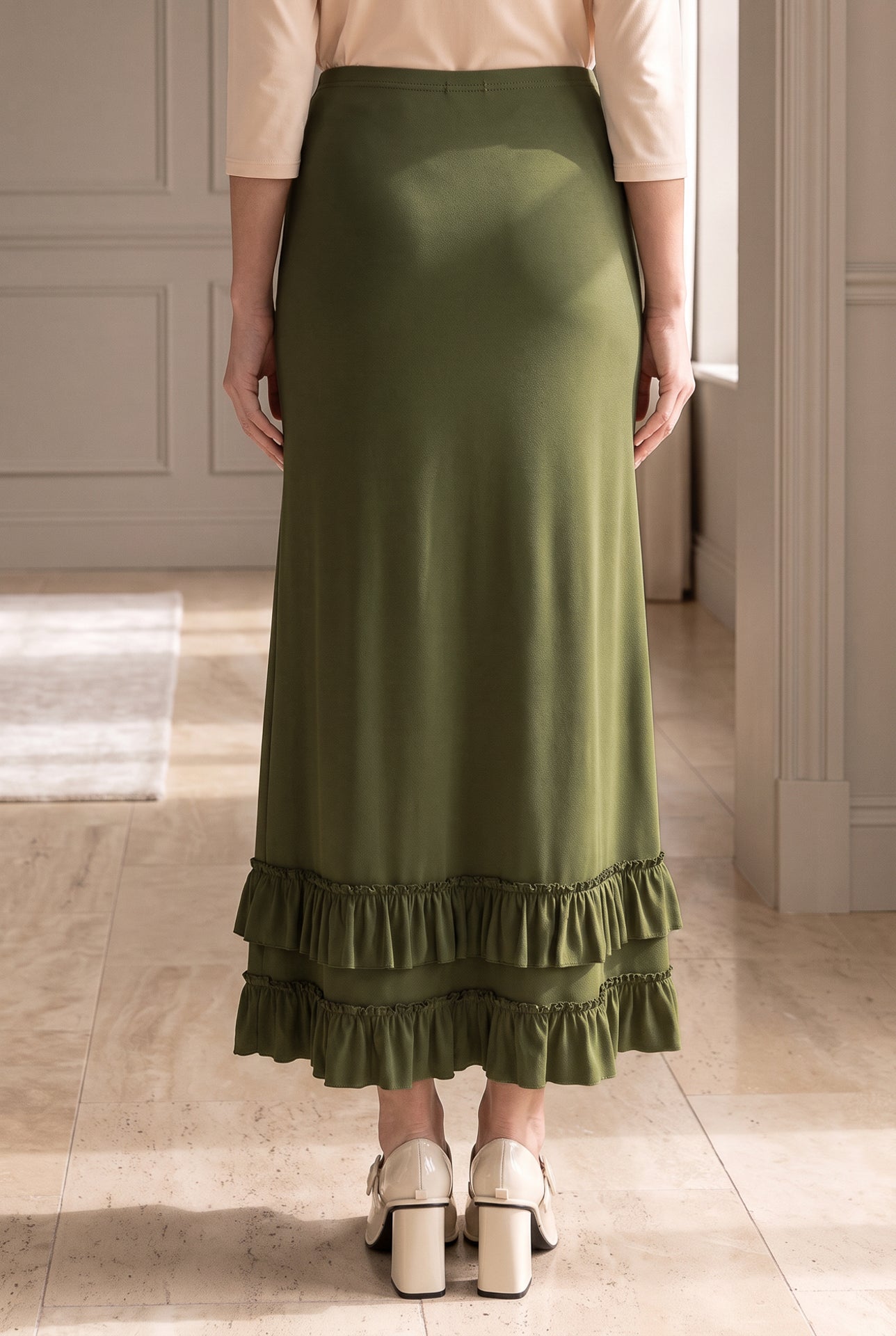 Model wearing Nuggles®  Callie Skirt in Olive