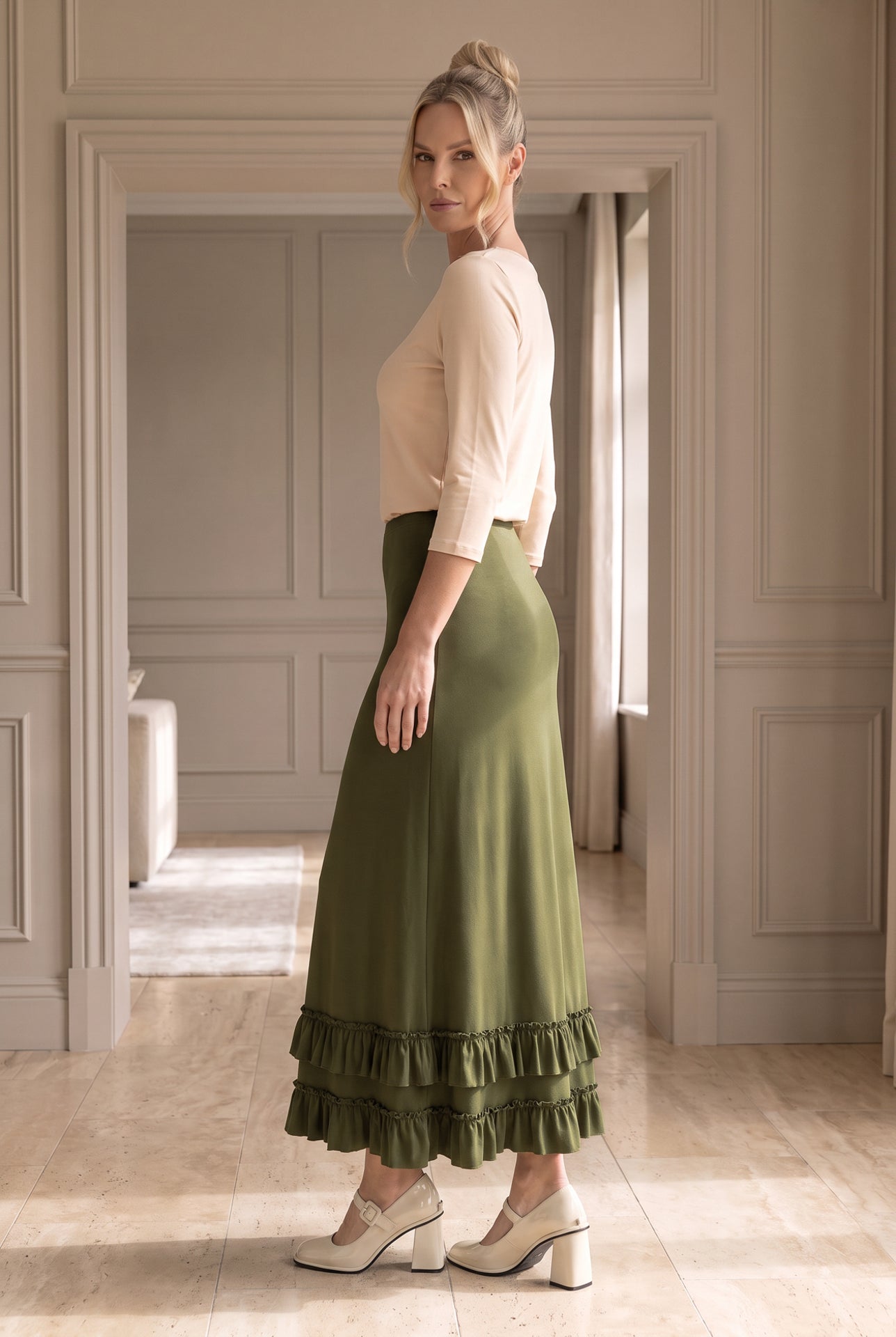 Model wearing Nuggles®  Callie Skirt in Olive