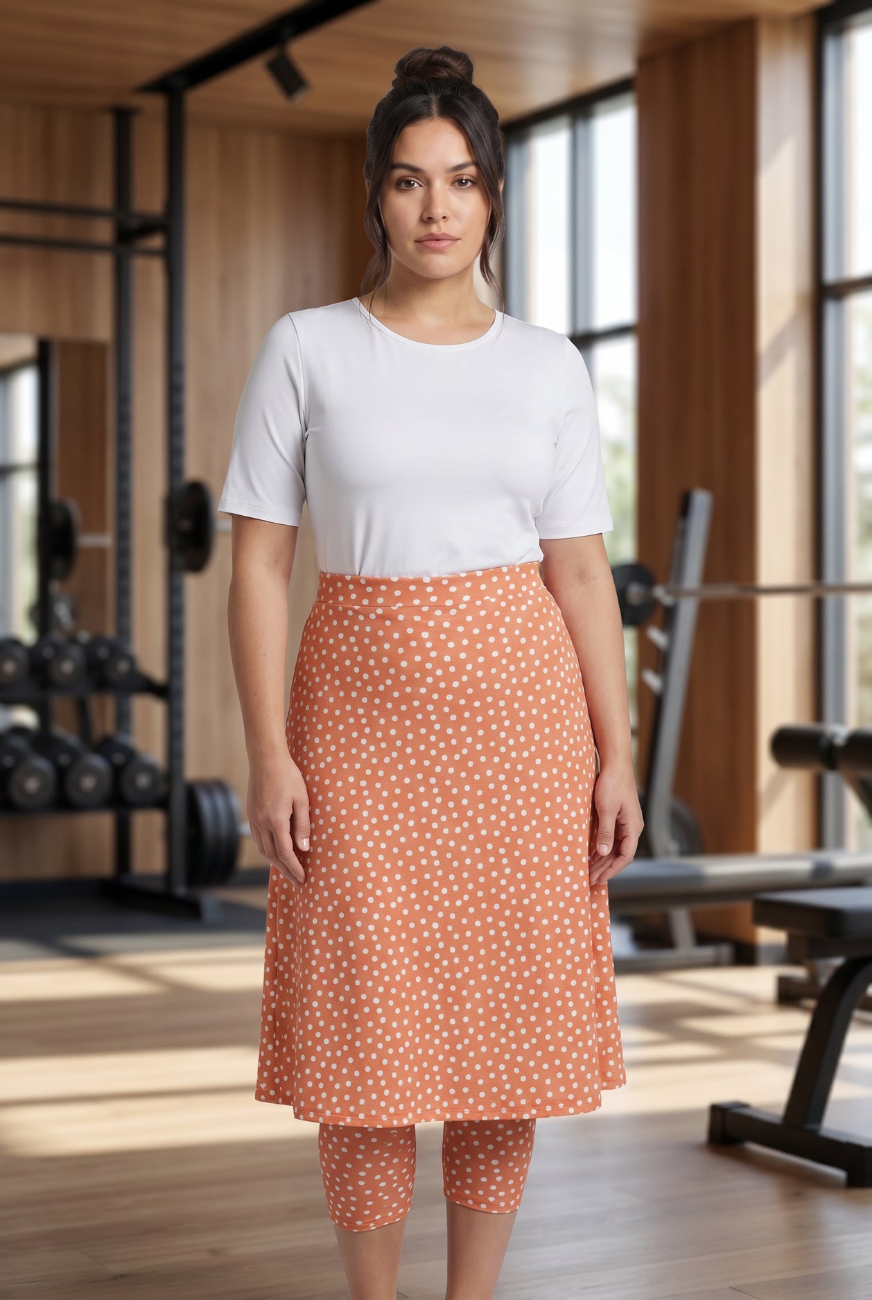 Model wearing Nuggles® 27" All-Sport Skirt in Orange Pop
