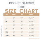 Size chart for our  Nuggles® Pocket Classic Skirt with measurements in inches.