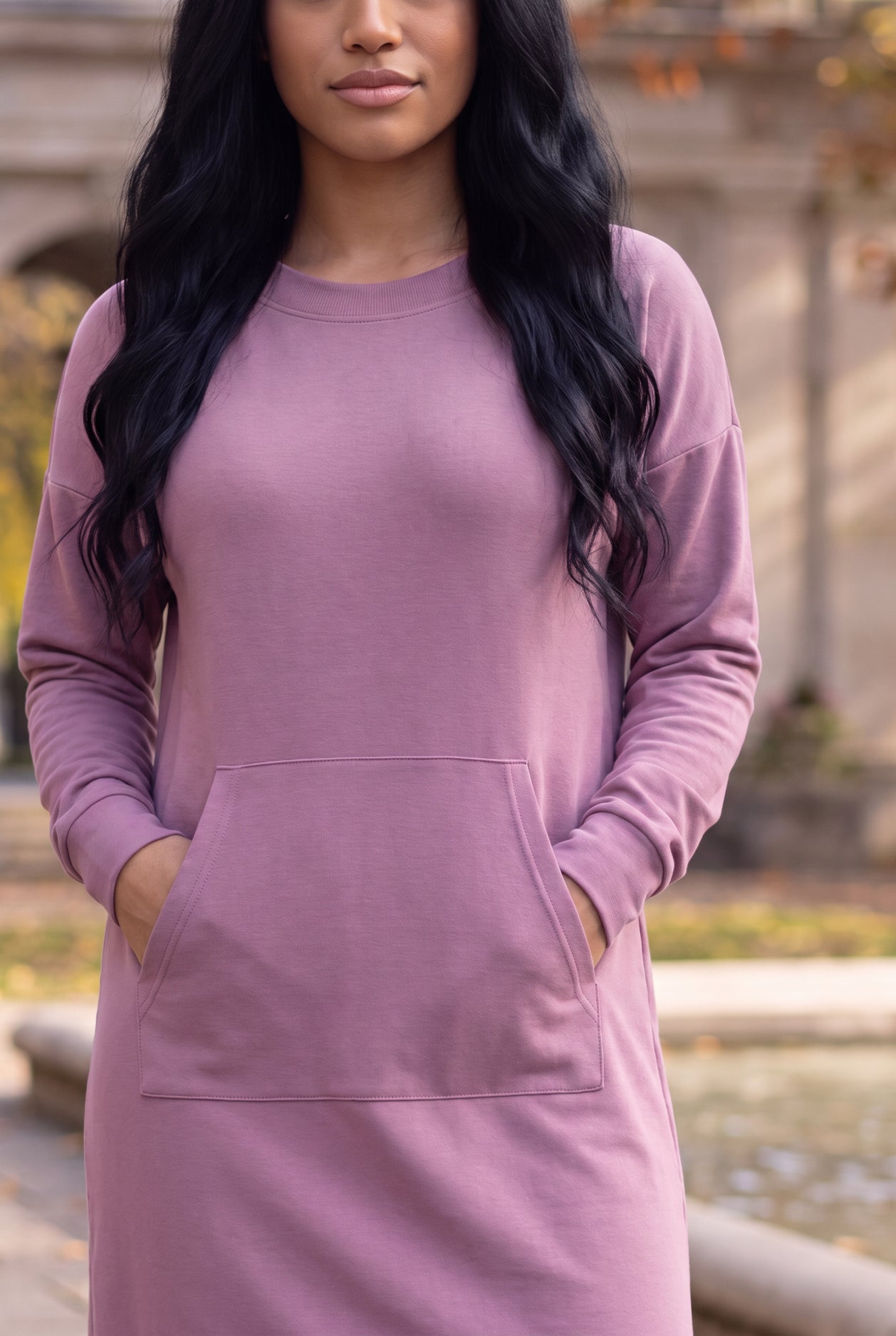 Nuggles® Oakley Hoodie Dress in Pale Purple, close-up with both hands tucked in the front pocket