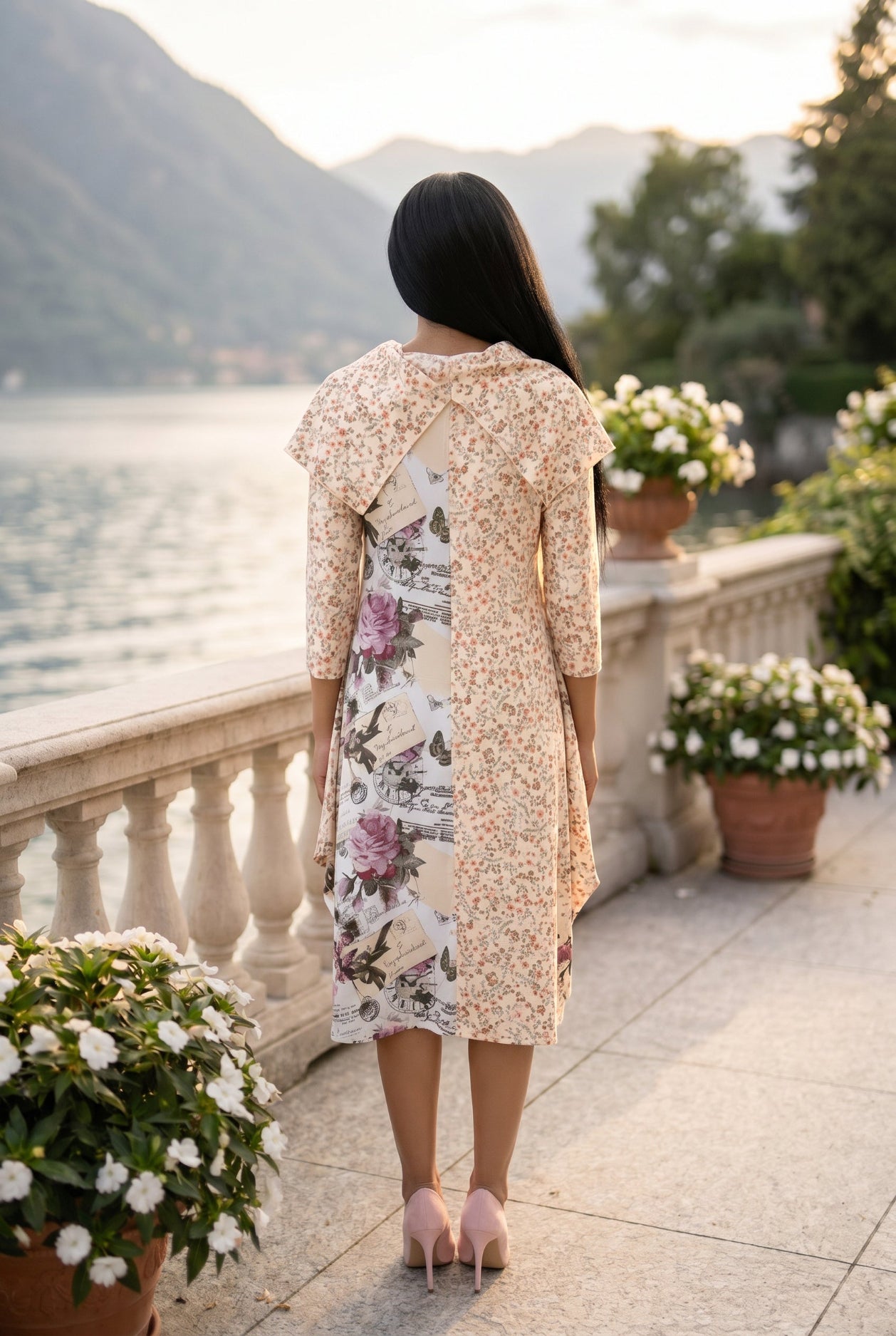 The Nuggles® Bailey Dress in Paris Garden midi length, two tone with cowl neckline