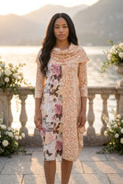 The Nuggles® Bailey Dress in Paris Garden midi length, two tone with cowl neckline