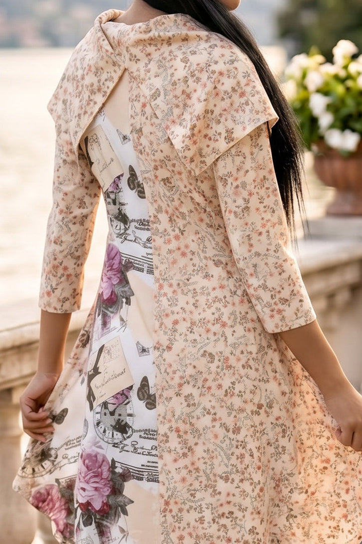 The Nuggles® Bailey Dress in Paris Garden midi length, two tone with cowl neckline