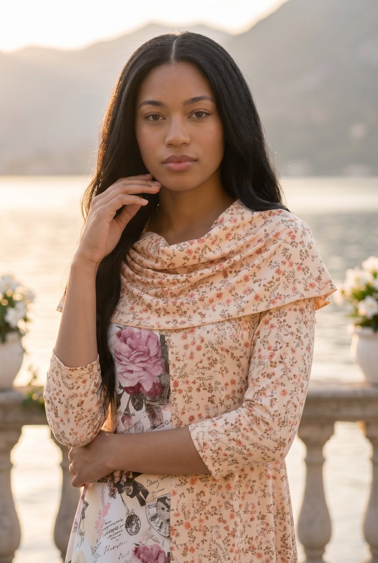 The Nuggles® Bailey Dress in Paris Garden midi length, two tone with cowl neckline