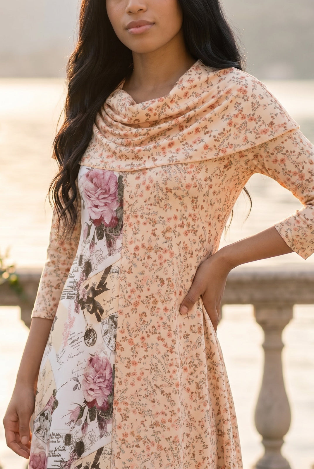 The Nuggles® Bailey Dress in Paris Garden midi length, two tone with cowl neckline