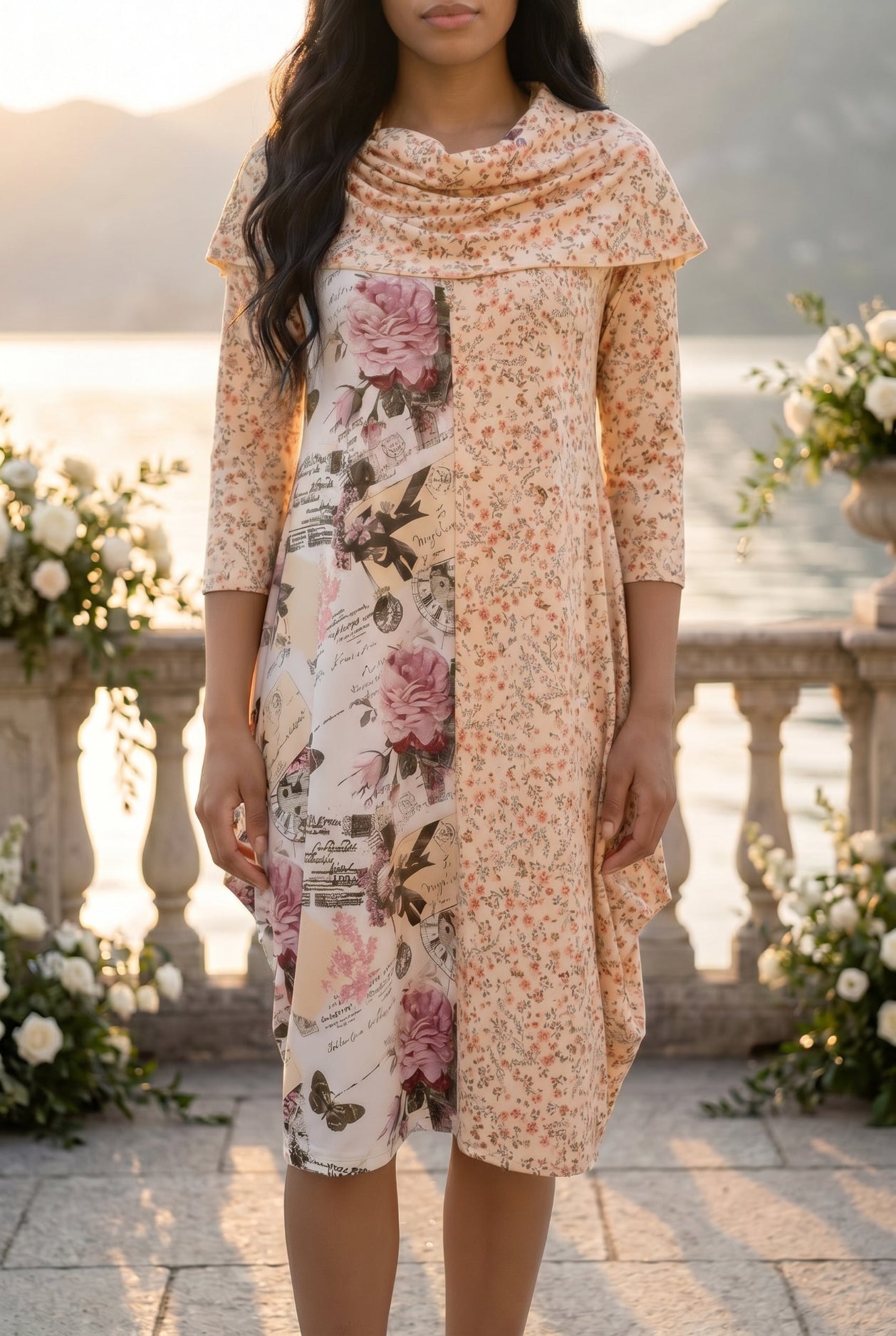 The Nuggles® Bailey Dress in Paris Garden midi length, two tone with cowl neckline