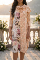 The Nuggles® Bailey Dress in Paris Garden midi length, two tone with cowl neckline