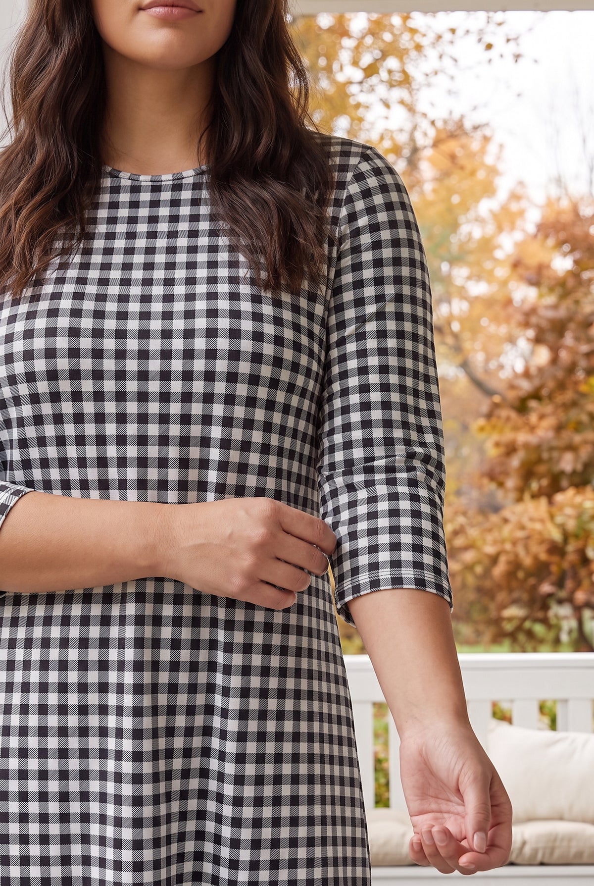 Model wearing Nuggles®  Bristol Dress in Peppergrid