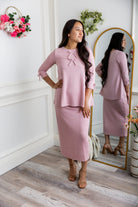 Nuggles® Lexi Top in waffle knit with 3/4 sleeves, bow detail, and modest A-line fit for women