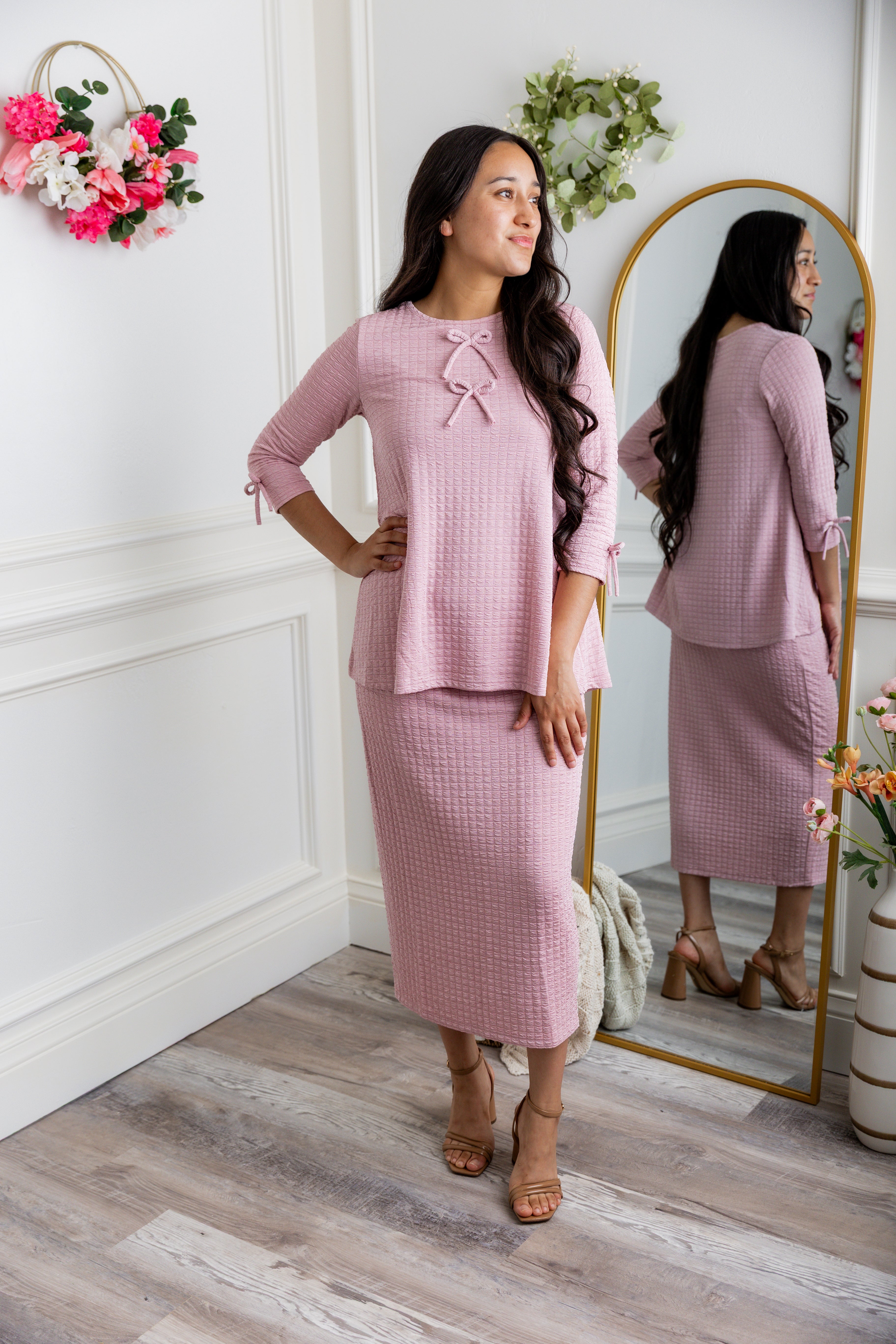 Nuggles® Lexi Top in waffle knit with 3/4 sleeves, bow detail, and modest A-line fit for women