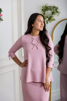 Nuggles® Lexi Top in waffle knit with 3/4 sleeves, bow detail, and modest A-line fit for women