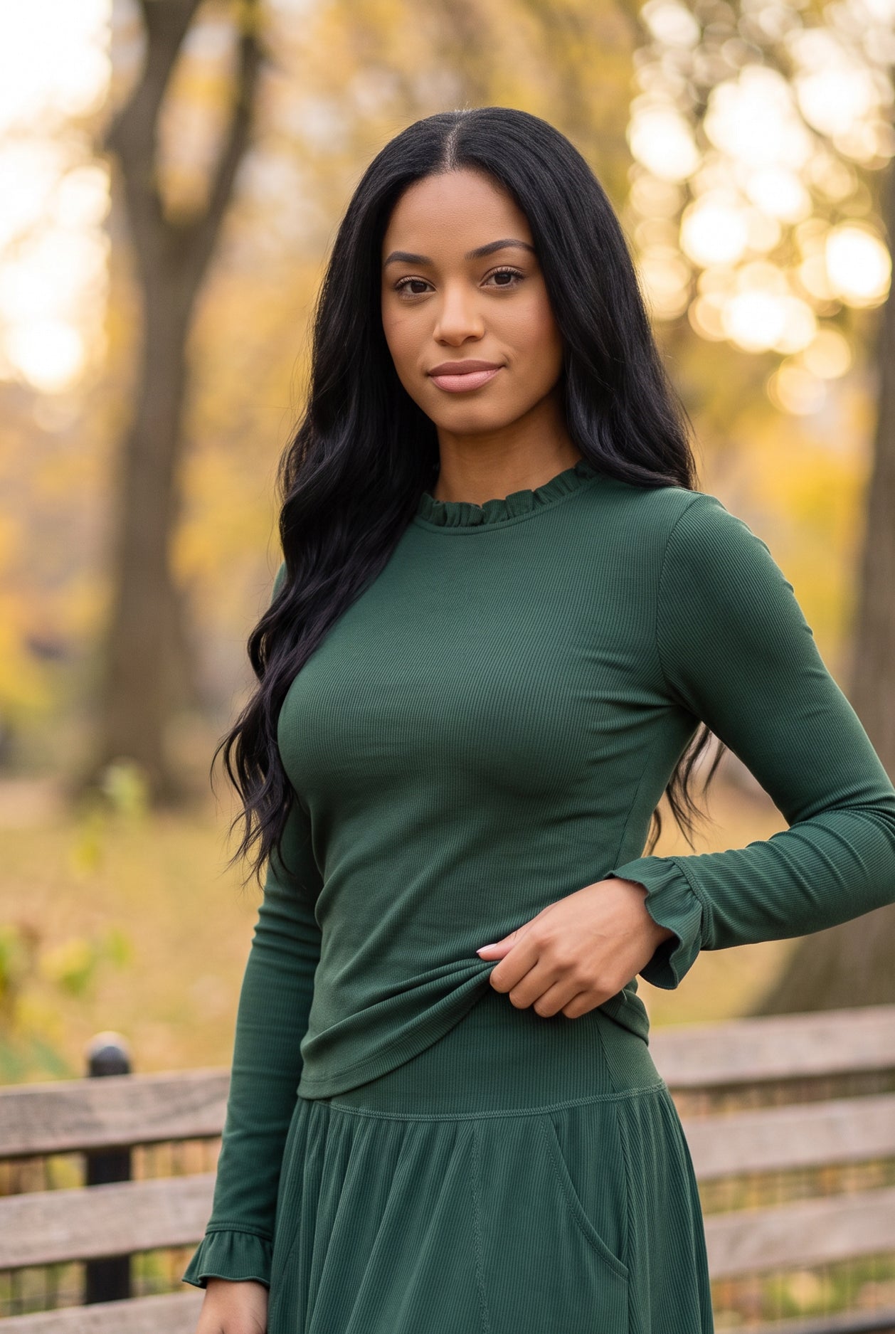 Model wearing Nuggles®  Bethany Shirt & Skirt in Pine Green