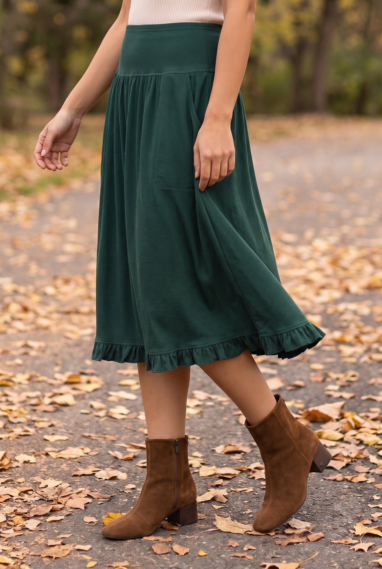 Model wearing Nuggles®  Bethany Shirt & Skirt in Pine Green