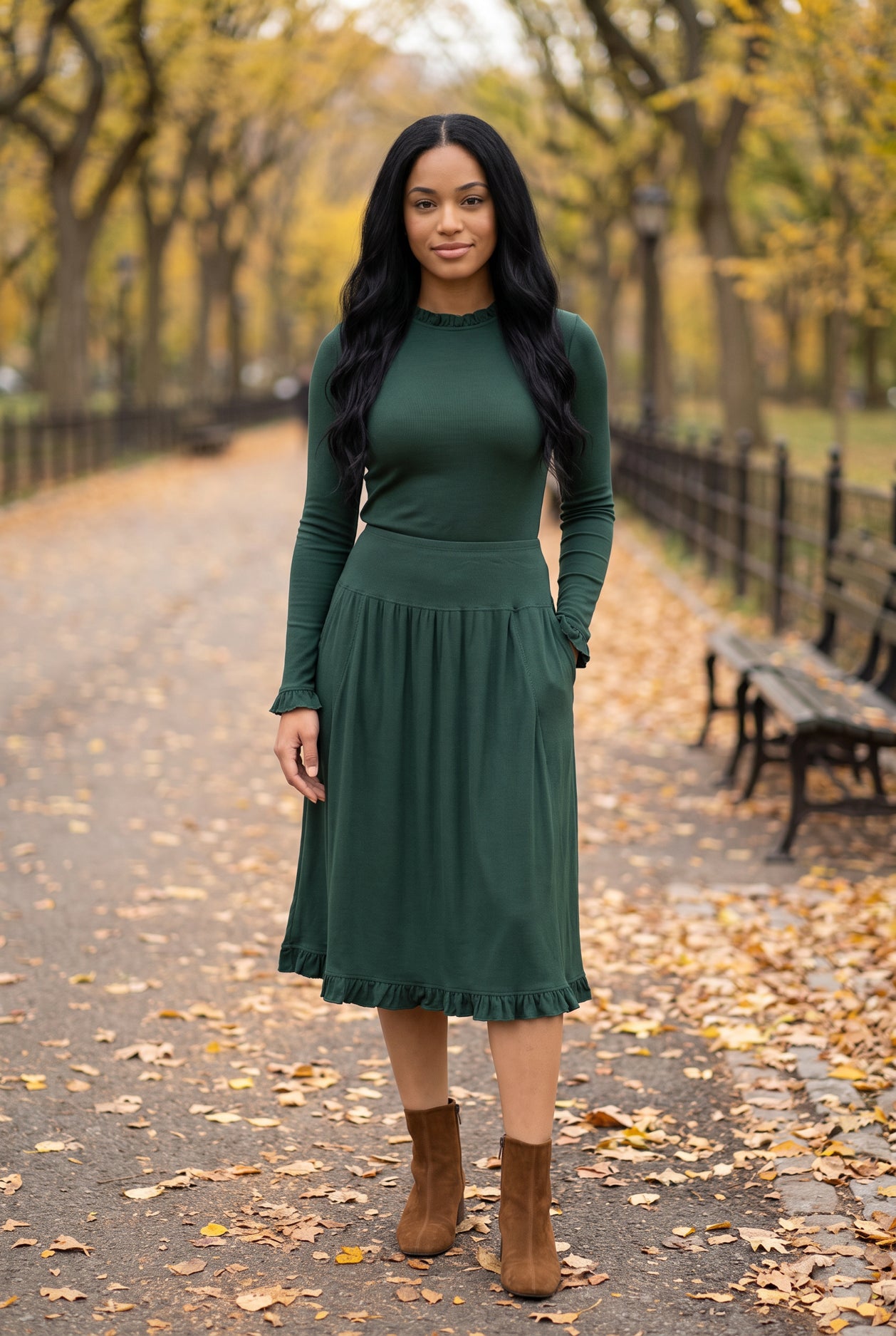 Model wearing Nuggles®  Bethany Shirt & Skirt in Pine Green