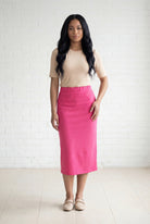 Model wearing Nuggles® 31" Relaxed Midi Skirt in Pink 