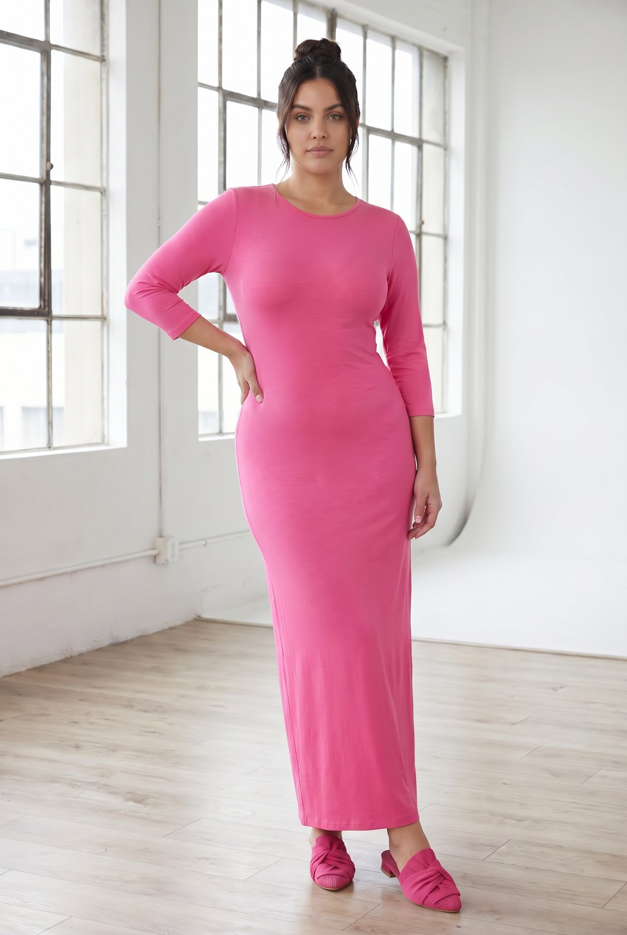 Model wearing Nuggles® MaxiLayering Dress in Pink